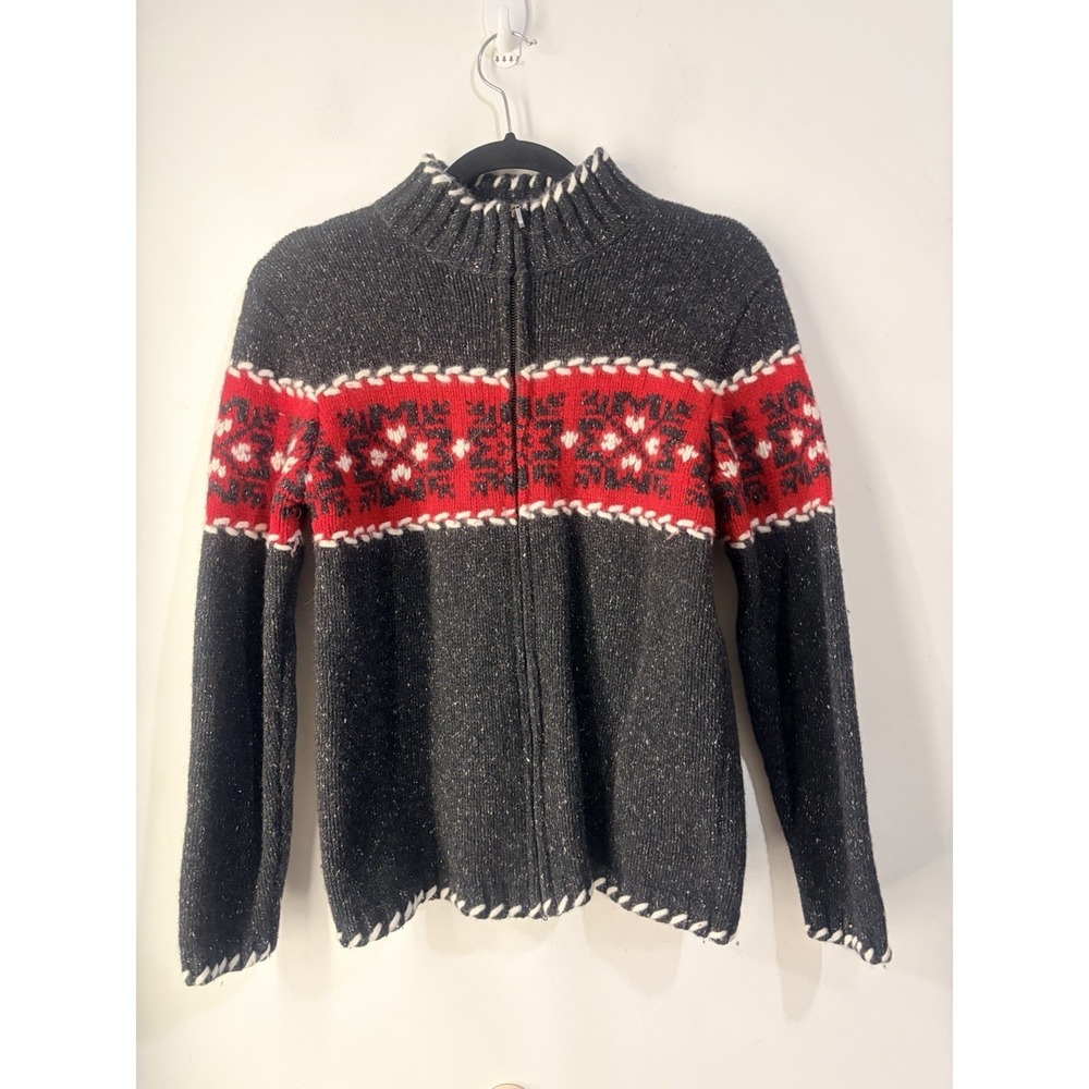 Eagle's Eye‎ Wool Silk Nordic Full Zip Sweater Womens M Black Red Fair Isle